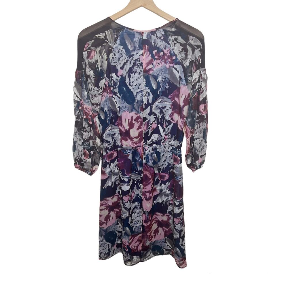 SUNDANCE Women's Small Silk Watercolor Floral Shift Dress Blue Purple Gray Sheer